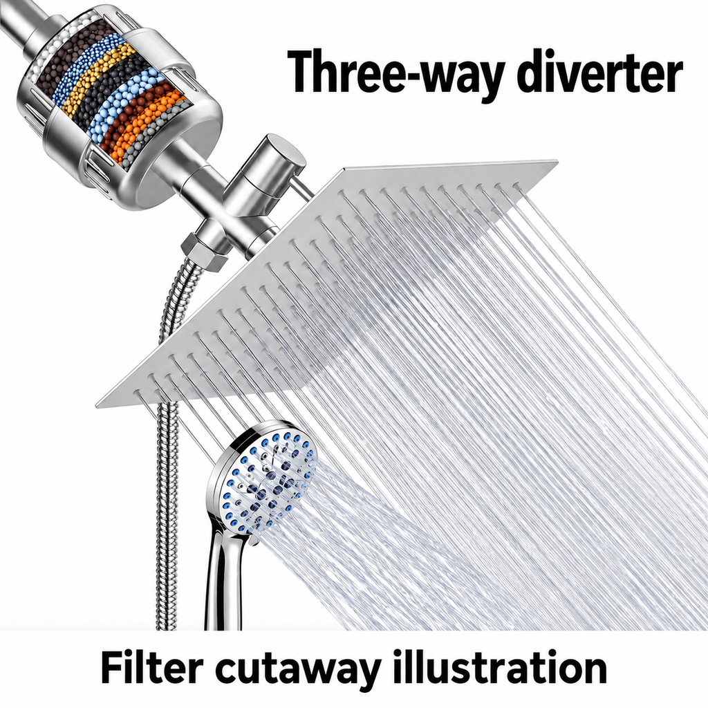 AUHUB chrome filtered dual shower set with thin square silver rainfall head and seven-setting round hand shower with blue nozzles, separate inline shower filter – Three-way diverter; filter cutaway illustration