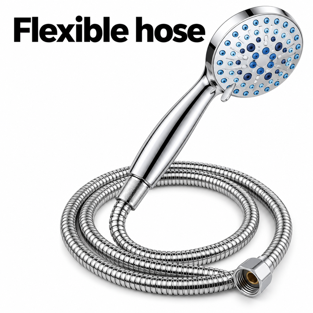 AUHUB chrome filtered dual shower set with thin square silver rainfall head and seven-setting round hand shower with blue nozzles, separate inline shower filter – Flexible hose