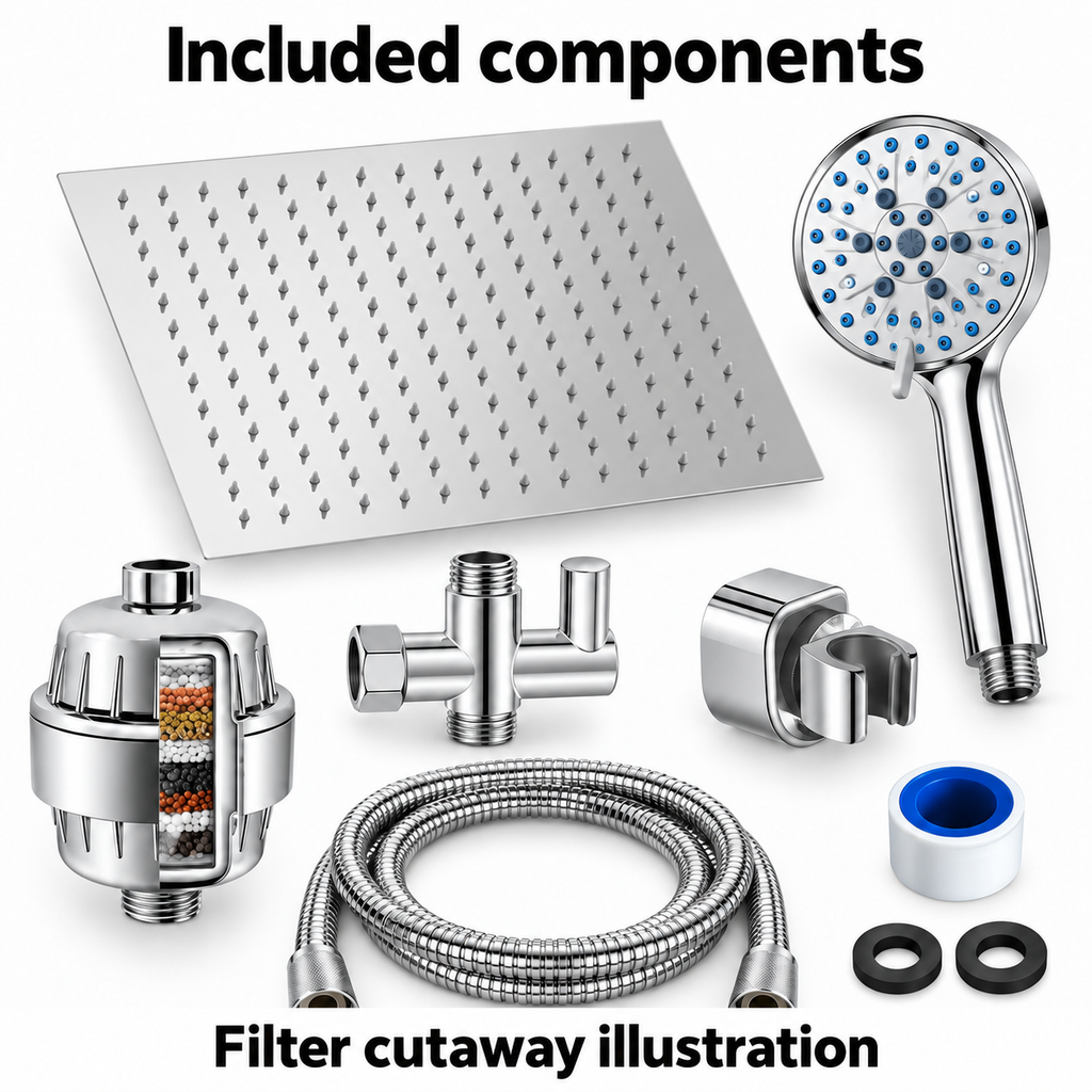 AUHUB chrome filtered dual shower set with thin square silver rainfall head and seven-setting round hand shower with blue nozzles, separate inline shower filter – Included components; filter cutaway illustration