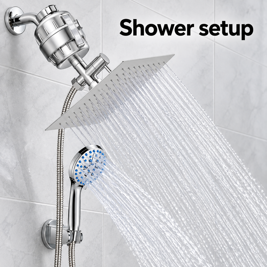 AUHUB chrome filtered dual shower set with thin square silver rainfall head and seven-setting round hand shower with blue nozzles, separate inline shower filter – Shower setup
