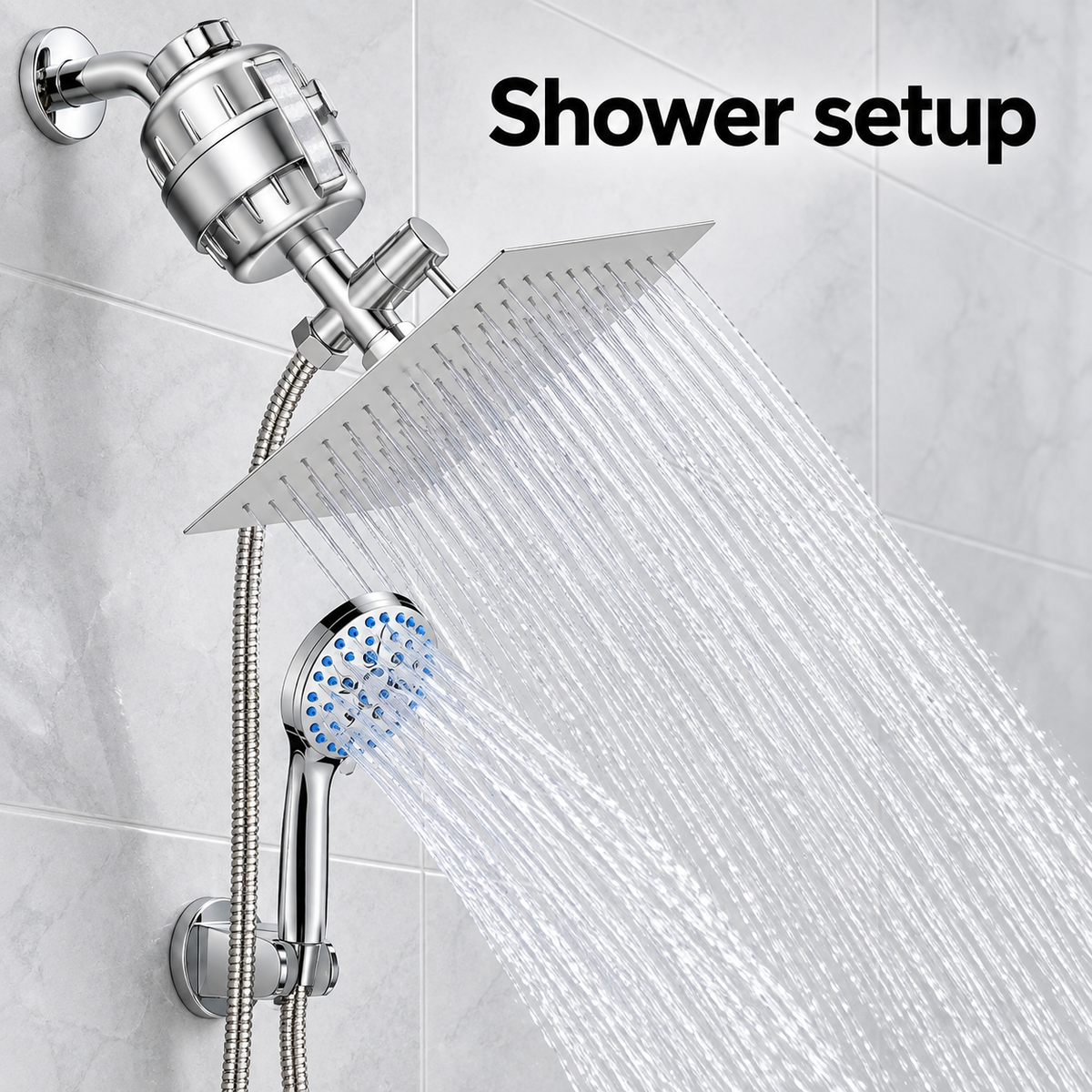 AUHUB chrome filtered dual shower set with thin square silver rainfall head and seven-setting round hand shower with blue nozzles, separate inline shower filter – Shower setup
