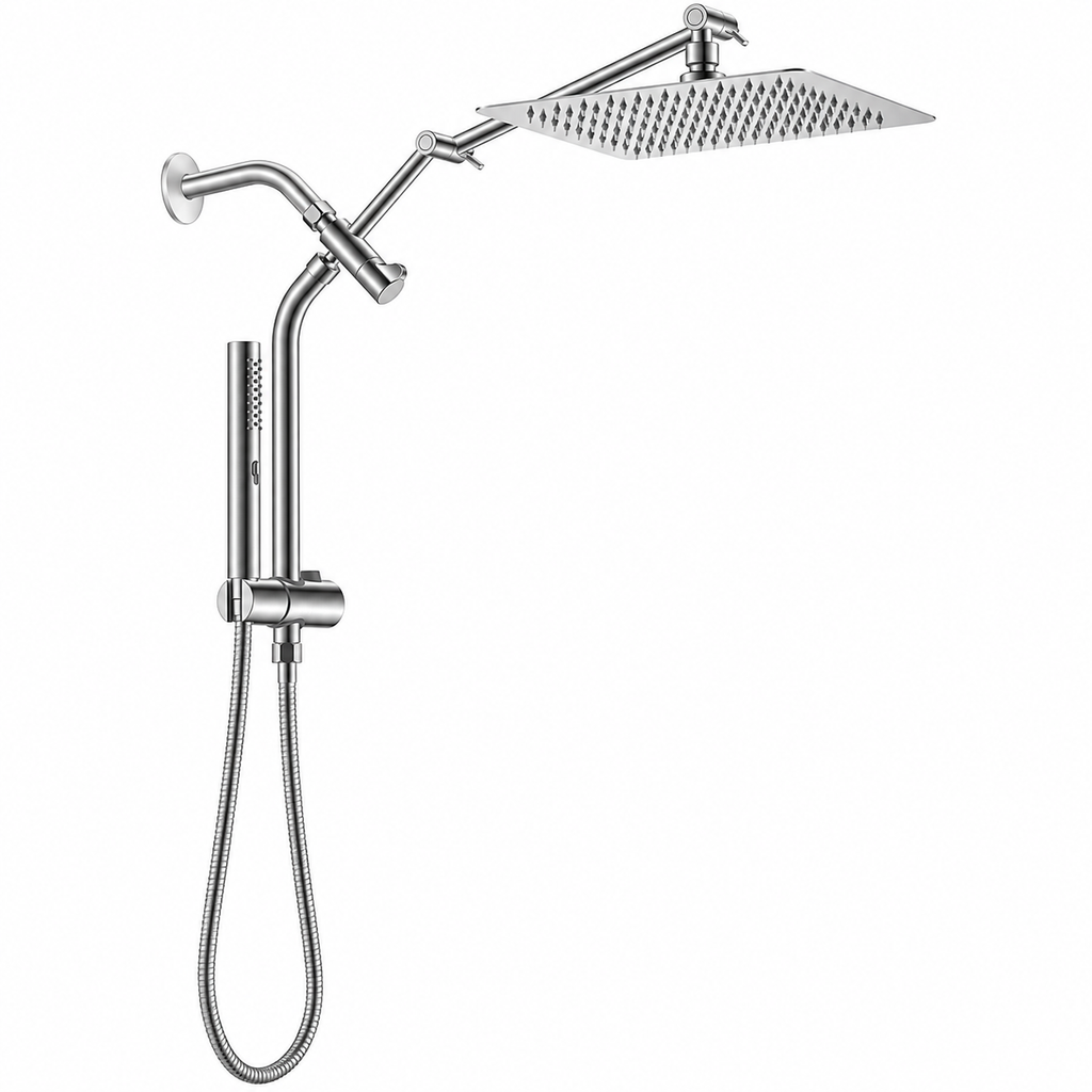 AUHUB silver all-metal-style rainfall shower combo with thin square head, long articulated arm, curved vertical riser, sliding holder and cylindrical slim hand shower – product view
