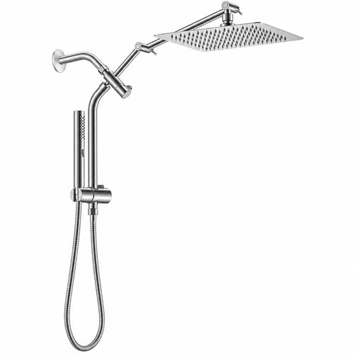 AUHUB silver all-metal-style rainfall shower combo with thin square head, long articulated arm, curved vertical riser, sliding holder and cylindrical slim hand shower – product view
