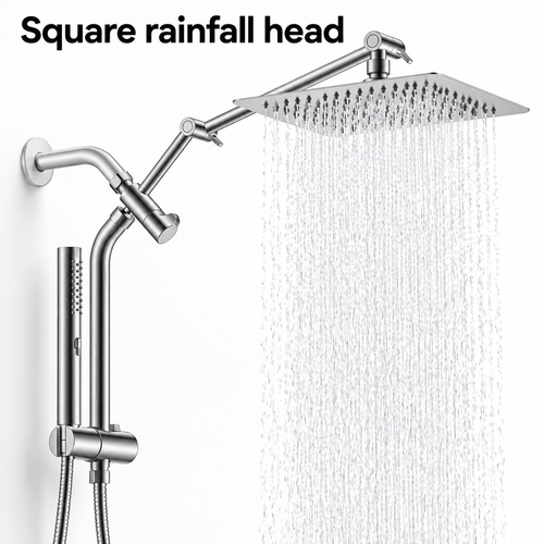 AUHUB silver all-metal-style rainfall shower combo with thin square head, long articulated arm, curved vertical riser, sliding holder and cylindrical slim hand shower – Square rainfall head