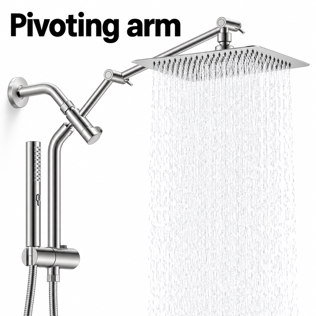 AUHUB silver all-metal-style rainfall shower combo with thin square head, long articulated arm, curved vertical riser, sliding holder and cylindrical slim hand shower – Pivoting arm