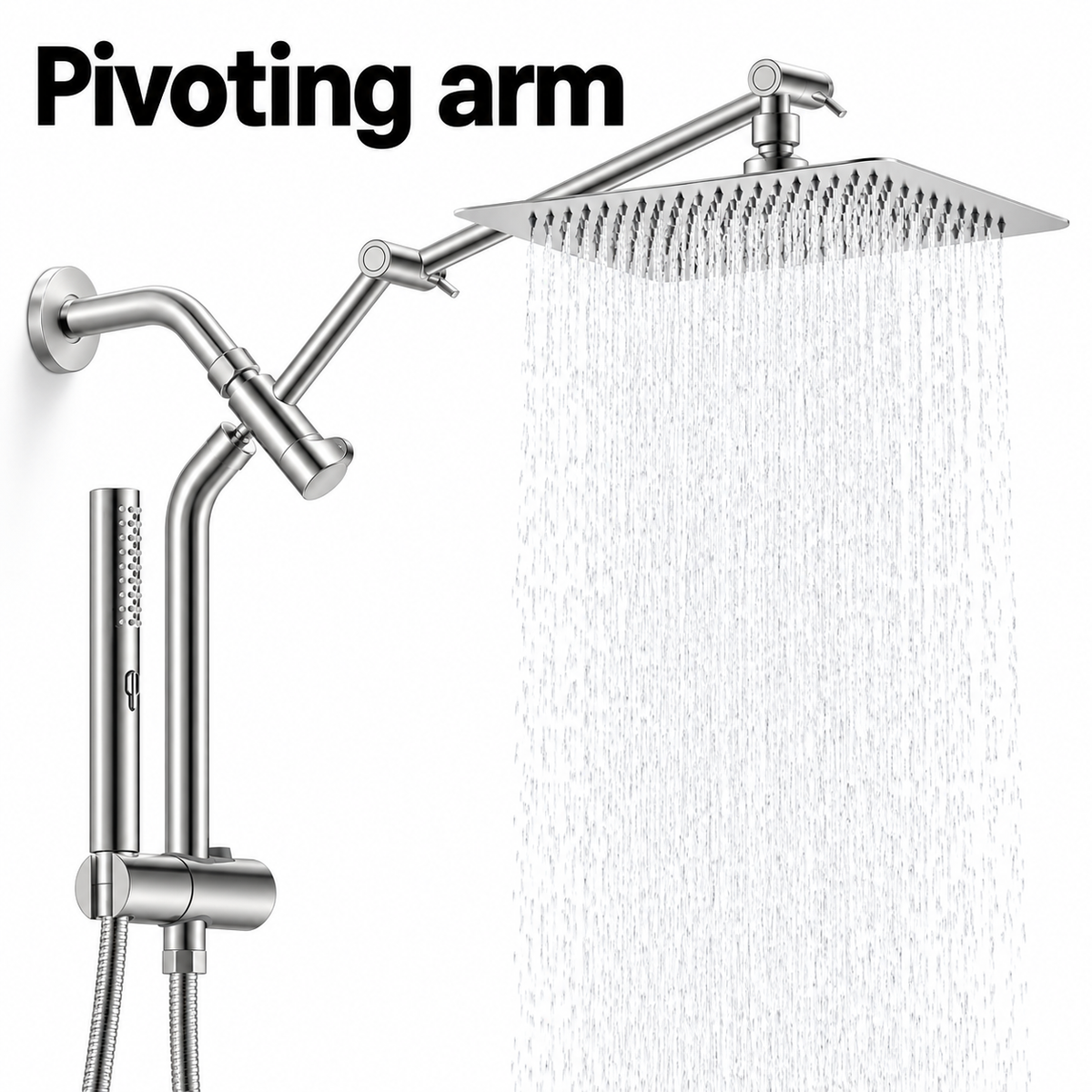 AUHUB silver all-metal-style rainfall shower combo with thin square head, long articulated arm, curved vertical riser, sliding holder and cylindrical slim hand shower – Pivoting arm
