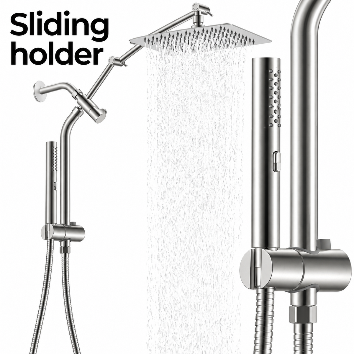 AUHUB silver all-metal-style rainfall shower combo with thin square head, long articulated arm, curved vertical riser, sliding holder and cylindrical slim hand shower – Sliding holder
