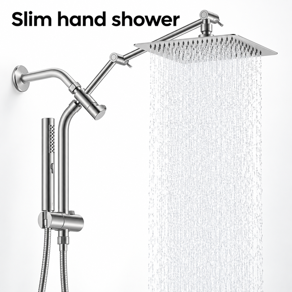 AUHUB silver all-metal-style rainfall shower combo with thin square head, long articulated arm, curved vertical riser, sliding holder and cylindrical slim hand shower – Slim hand shower