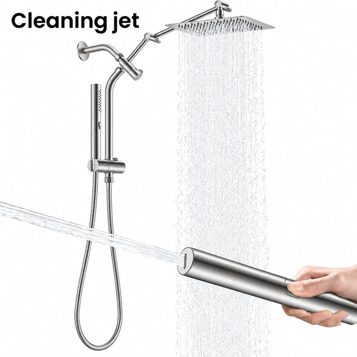 AUHUB silver all-metal-style rainfall shower combo with thin square head, long articulated arm, curved vertical riser, sliding holder and cylindrical slim hand shower – Cleaning jet