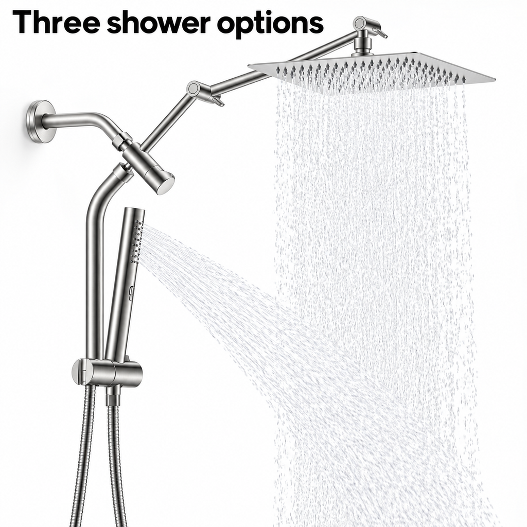 AUHUB silver all-metal-style rainfall shower combo with thin square head, long articulated arm, curved vertical riser, sliding holder and cylindrical slim hand shower – Three shower options