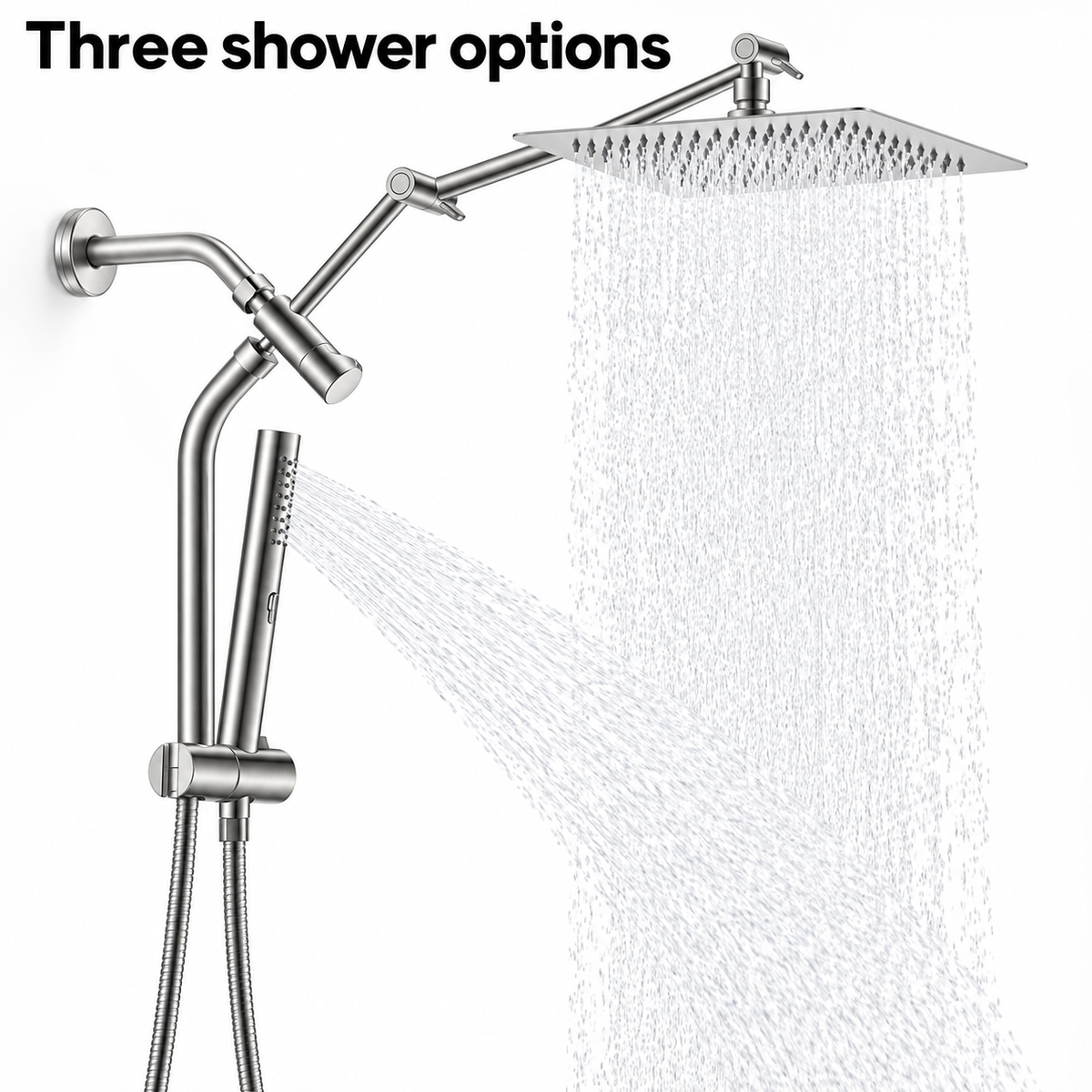 AUHUB silver all-metal-style rainfall shower combo with thin square head, long articulated arm, curved vertical riser, sliding holder and cylindrical slim hand shower – Three shower options