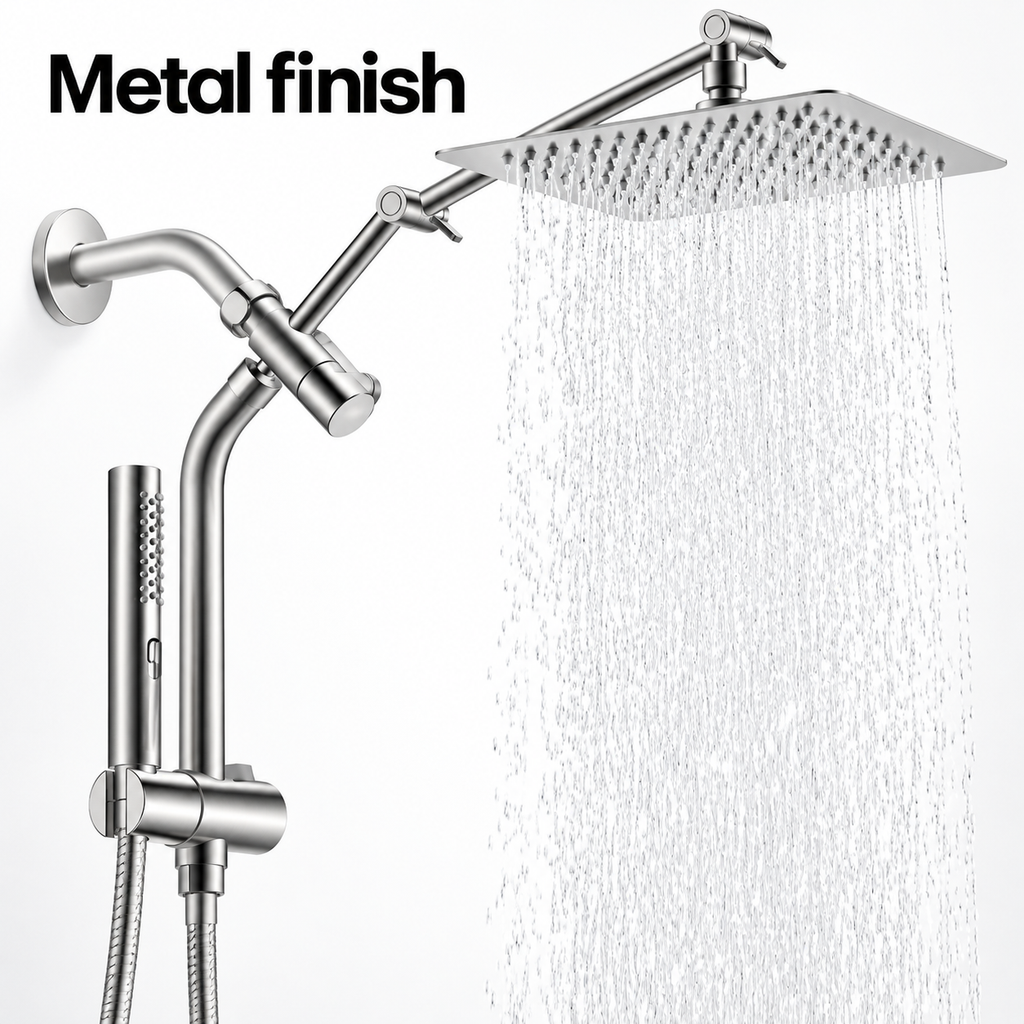 AUHUB silver all-metal-style rainfall shower combo with thin square head, long articulated arm, curved vertical riser, sliding holder and cylindrical slim hand shower – Metal finish
