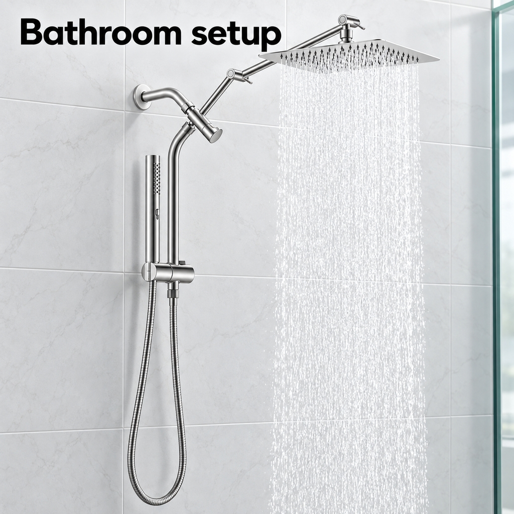 AUHUB silver all-metal-style rainfall shower combo with thin square head, long articulated arm, curved vertical riser, sliding holder and cylindrical slim hand shower – Bathroom setup